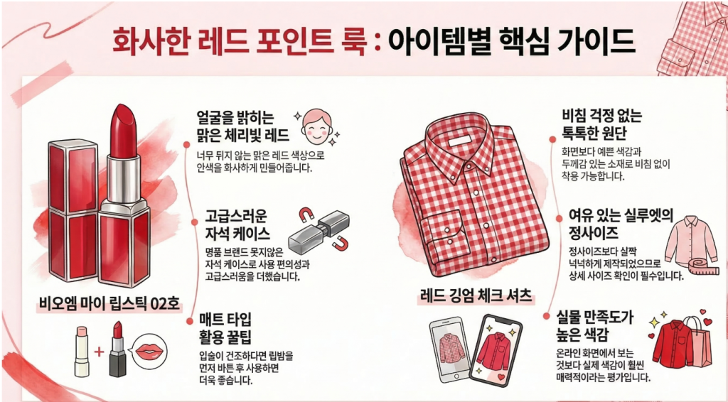 클래식한 매력, '레드 깅엄 체크 셔츠'와 '체리 레드 립스틱'의 완벽한 코디 조합